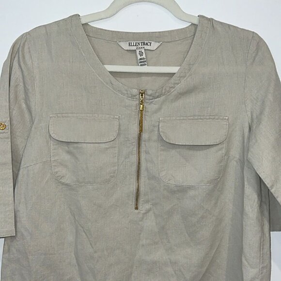 Ellen Tracy Cream Roll Tab Sleeve Linen Tunic Size Small - Picture 6 of 16